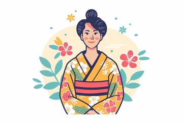 Beautiful and vibrant vector illustration of a geisha in traditional dress with stunning floral elements in a serene and artistic arrangement