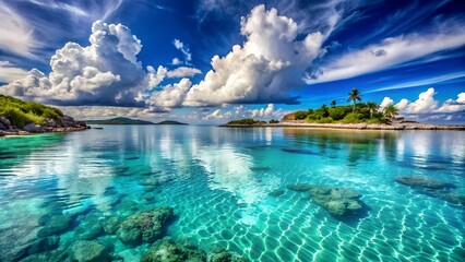 A stunning tropical landscape with crystal clear waters, fluffy clouds, and lush greenery under a bright blue sky