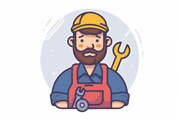 Cheerful cartoon handyman with a beard, helmet, and wrench, ready for project work - an illustration