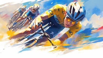 A dynamic watercolor illustration shows a cyclist in front, with three others behind him on their bicycles. 