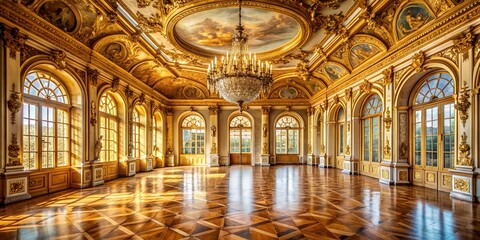 An extravagant ballroom with elaborate gold ornamentation and a majestic chandelier reflects wealth...