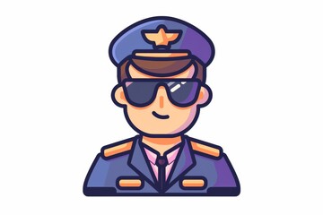 Vibrant drawing of a grinning animated aviator in uniform, shades, and cap adorned with a gleaming emblem