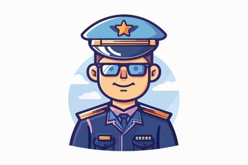 Obraz premium Digital security concept and design featuring a cartoon police officer with sunglasses, uniform, and hat illustration
