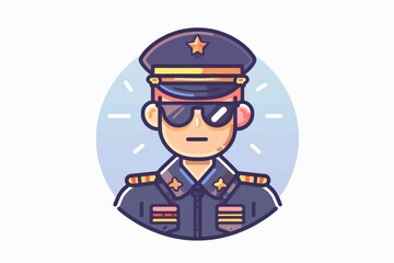 Illustration of a cheerful cartoon police officer in sunglasses and uniform with a star badge, representing authority and safety