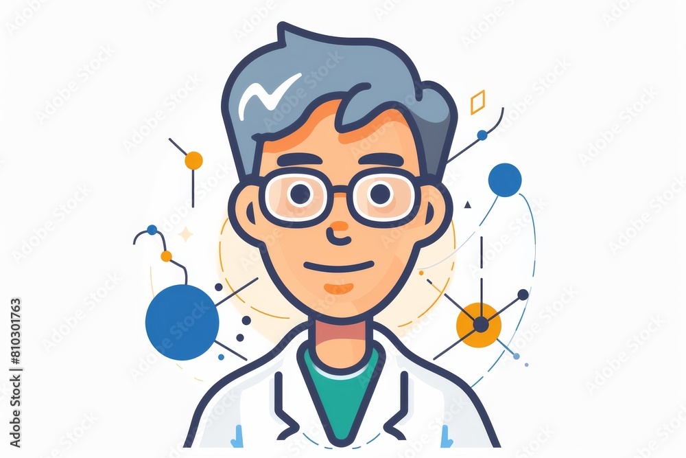 Poster vector illustration of a happy scientist with glasses, surrounded by colorful atoms and molecular st