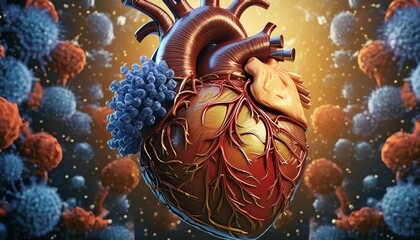 A hyper-realistic depiction of a human heart surrounded by blood cells with a focus on cardiac anatomy