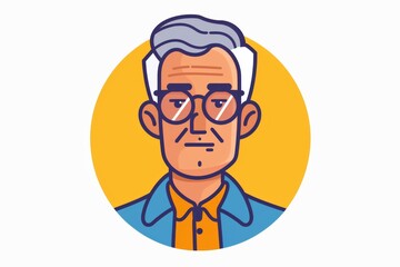 Obraz premium Cartoon illustration of a serious senior man with gray hair, glasses, and a detailed expression, set against a yellow background