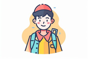 Cheerful illustration of a young student in a cap, with a backpack, and a notebook, radiating positivity and preparedness