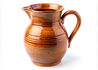 A traditional brown ceramic pitcher is centered on a pristine white backdrop