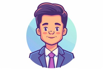 Vibrant depiction of a cheerful young businessman cartoon character with a trendy haircut and sharp suit, ideal for corporate branding purposes