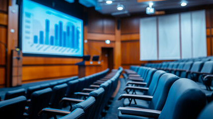 Professional conference room with digital presentation screen and seating