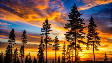 Fototapeta premium Stunning image captures vivid sunset with radiant clouds silhouetted by tall coniferous trees on a hill