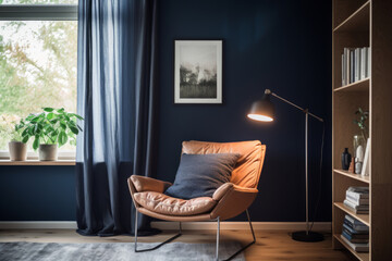Cozy reading nook with deep blue wall color, a comfy chair and a plant