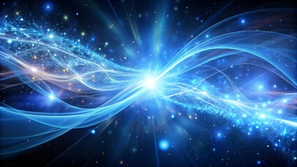 A vibrant digital illustration of a cosmic nebula with light rays, blue tones, and starry particles