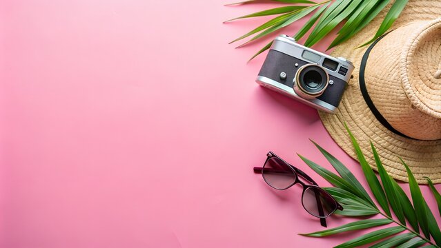 Top view of a retro camera, sunglasses, straw hat, and tropical leaves on a vibrant pink backdrop