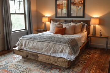 Charming bedroom with stylish bedding, rustic wooden headboard, patterned rug, and elegant bedside lamps for ambient lighting