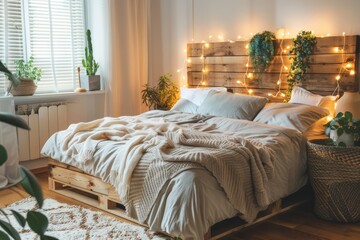Tranquil bedroom with a wooden pallet bed decorated with fairy lights, plush bedding, and green plants for a cozy ambiance