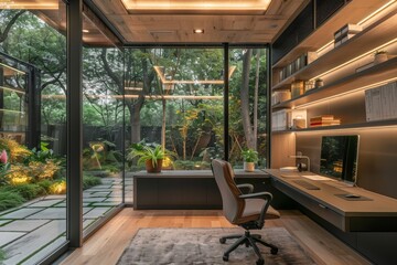 Spacious home office with large windows showcasing a lush garden, combining work with serene nature for a peaceful environment