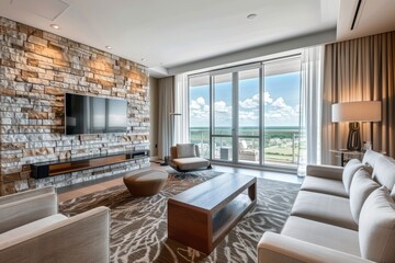 Spacious modern living room with stone wall, large windows, luxurious furniture, and scenic views, in a contemporary stylish apartment