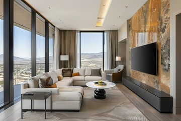 Stunning modern living room with expansive windows, luxurious decor, and captivating scenery views