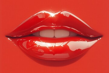 A glossy red lipstick on a vibrant red background, forming the shape of lips with delicate details and texture. 