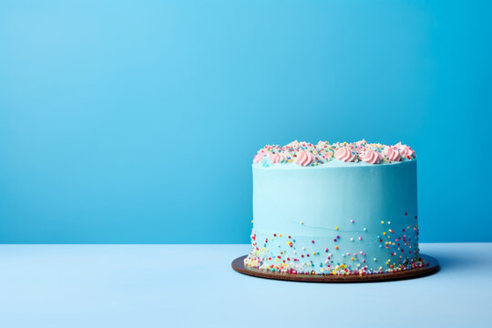 Blue cake with sprinkles on a solid light blue background with copy space, boy birthday, gender reveal or baby shower