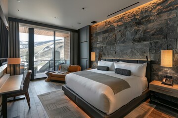 Stylish modern hotel room showcasing a luxurious king-sized bed, chic interior, and breathtaking mountain vista from expansive windows