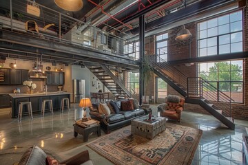Modern loft with high ceilings, exposed piping, brick walls, and a mix of contemporary and vintage furniture design