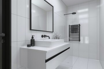 Fototapeta premium Sleek minimalist bathroom with white tiled walls, a modern basin, black fixtures, and a mirror in a stylish home
