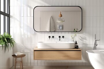 Stylish contemporary bathroom with white tiles, wooden vanity, vessel sink, large mirror, and green plant decor basking in sunlight