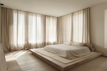 Contemporary minimalist bedroom with a low bed design, sheer curtains, and soft natural sunlight for a peaceful and snug ambiance