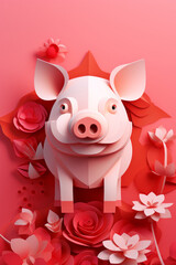 Vibrant paper art of a pig, Chinese pig year, greeting card, paper art illustration, red color