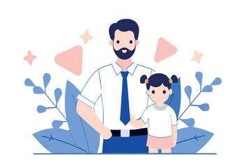 Smiling bearded father holding his little daughters hand with decorative plants around them
