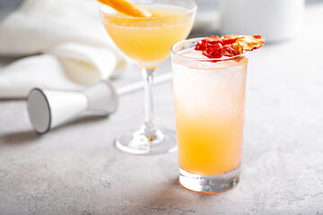 Refreshing citrus cocktail with ice and dried fruit garnish
