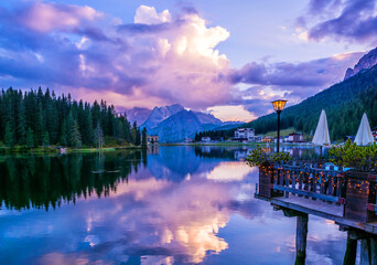 Serene lake twilight with mountain view