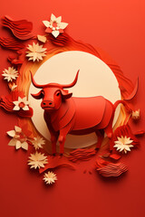 Vibrant paper art of an Ox, Chinese Ox year, greeting card, paper art illustration, red color