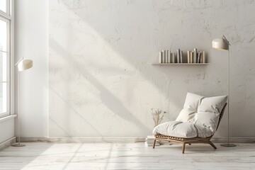 Bright minimalist interior with a comfortable armchair, floor lamp, and floating shelf with books on a textured white wall background