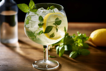 Refreshing gin and tonic cocktail with lemon and basil