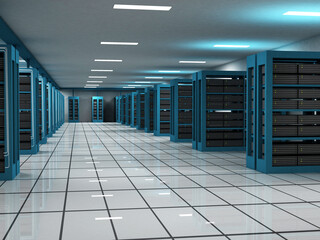Modern data center interior with rows of servers