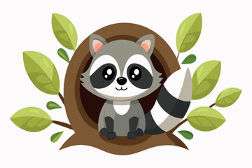 Animated raccoon with big eyes inside a tree hollow, encircled by green foliage