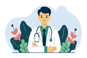 Fototapeta premium Smiling male medical professional with arms crossed in a tranquil garden setting