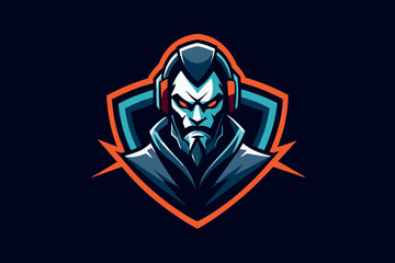 Stylized mascot logo of a male figure with a stern look wearing a headset