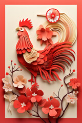 Vibrant paper art of a rooster, Chinese rooster year, greeting card, paper art illustration, red color