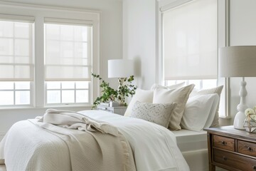 Serene modern bedroom featuring a comfortable bed with plush bedding, white walls, large windows, and elegant bedside furnishings
