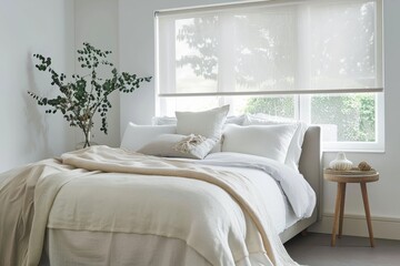 Inviting bedroom decor with a cozy bed, white linens, and natural light filtering through sheer curtains