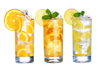Refreshing citrus iced tea trio on white background