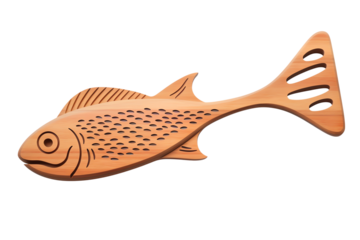 The image shows a cartoon fish. It has a light brown body. It has a black eye. It has a large tail fin.