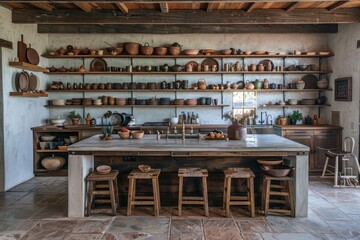 Inviting rustic kitchen showcasing a large collection of earthenware pottery on wooden shelves above a spacious central island