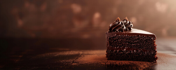 Slice of rich chocolate cake with creamy frosting, set on a rustic wooden background