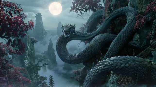 
a large snake that is waking up from its sleep is looking for prey. seamless looping time-lapse virtual 4k video Animation Background.